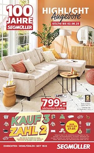 Titel eines SEGMÜLLER Werbeprospektes, der ein gemütliches Wohnzimmer mit beiger Sofagarnitur und orangefarbenen Akzenten zeigt sowie eine Werbefläche für eine "Kauf 3, zahl 2"-Aktion im unteren Bereich beinhaltet.