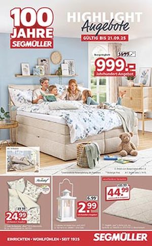 Titel eines SEGMÜLLER Werbeprospekts mit einer Familie auf einem großen Boxspringbett.