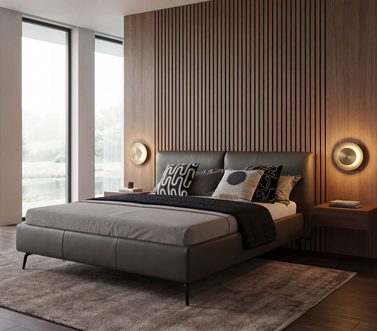 Modernes Schlafzimmer mit Doppelbett, gestreifter Holzwand, runden Wandlampen und großen Fenstern. Beige Teppich und dekorative Kissen.