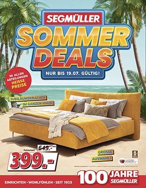 Sommerlicher Titel eines SEGMÜLLER-Prospekts, auf dem der Super Sommer und die "Kauf 3, zahl 2"-Aktion beworben wird.