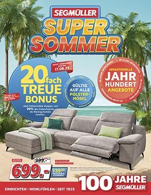 Titel des SEGMÜLLER Super Sommer-Prospekts mit grauem Ecksofa und sommerlichem Strand-Layouts.