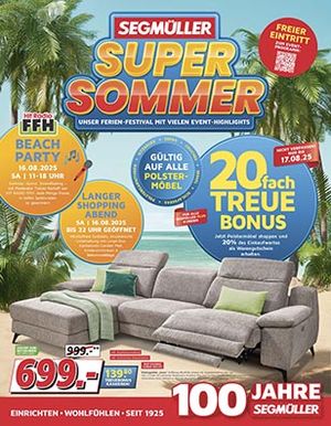 Titel des SEGMÜLLER Super Sommer-Prospekts mit grauem Ecksofa und sommerlichem Strand-Layouts.