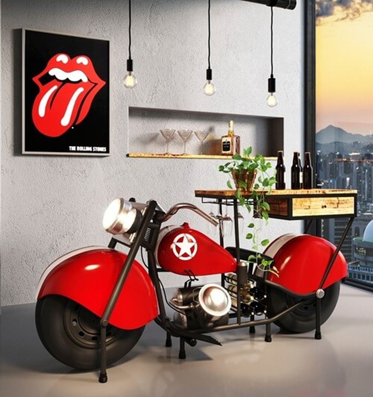 Roter Stehtisch mit Motorradmotiv, Pflanzen und Flaschen, Industriedekor und einem Rolling-Stones-Poster an einer Wand mit Stadtblick.
