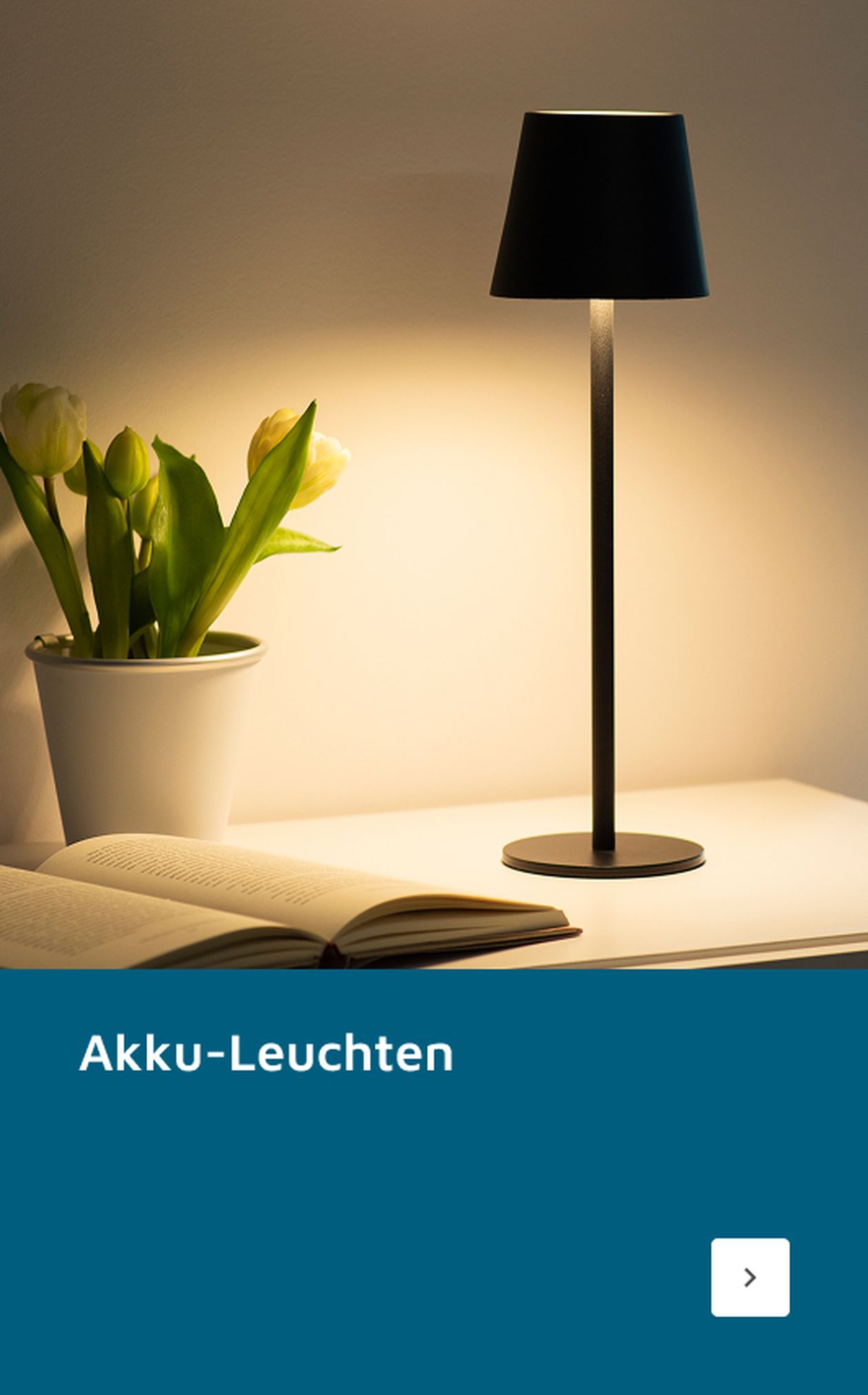 Eine schwarze Tischlampe beleuchtet einen weißen Schreibtisch mit einem offenen Buch und einem Topf mit weißen Tulpen. Der Text lautet „Akku-Leuchten“.