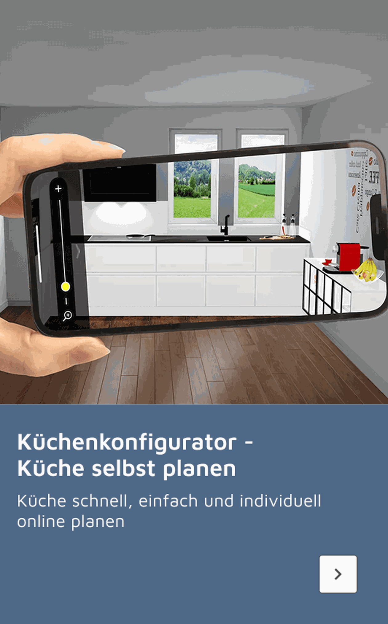 Hand hält ein Smartphone mit Küchenplaner-App, zeigt moderne Küche, Text darunter: "Küchenkonfigurator - Küche selbst planen".