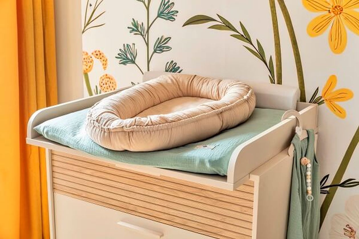 Wickelkommode in Beige- und Holztönen mit bunter Blumentapete im Hintergrund.