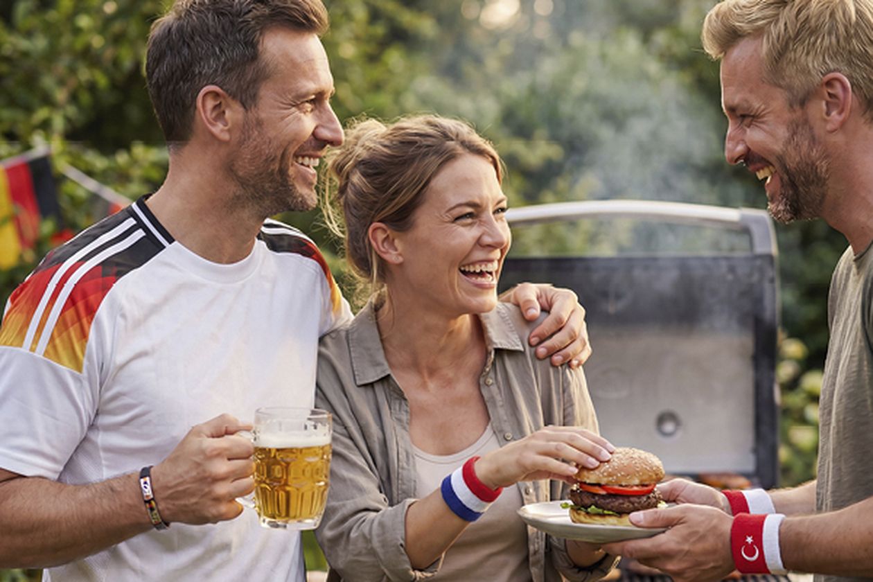 Drei fröhliche Personen lachen beim Grillen. Eine Frau hält einen Burger, ein Mann ein Bier, der Grill im Hintergrund raucht leicht.