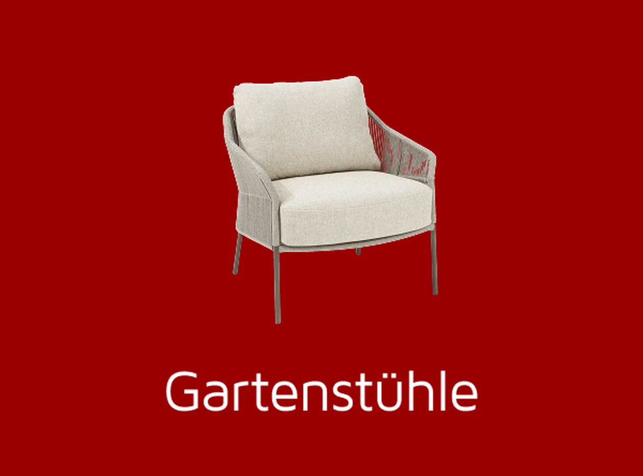 Weißer Gartenstuhl vor rotem Hintergrund. Text: "Gartenstühle".