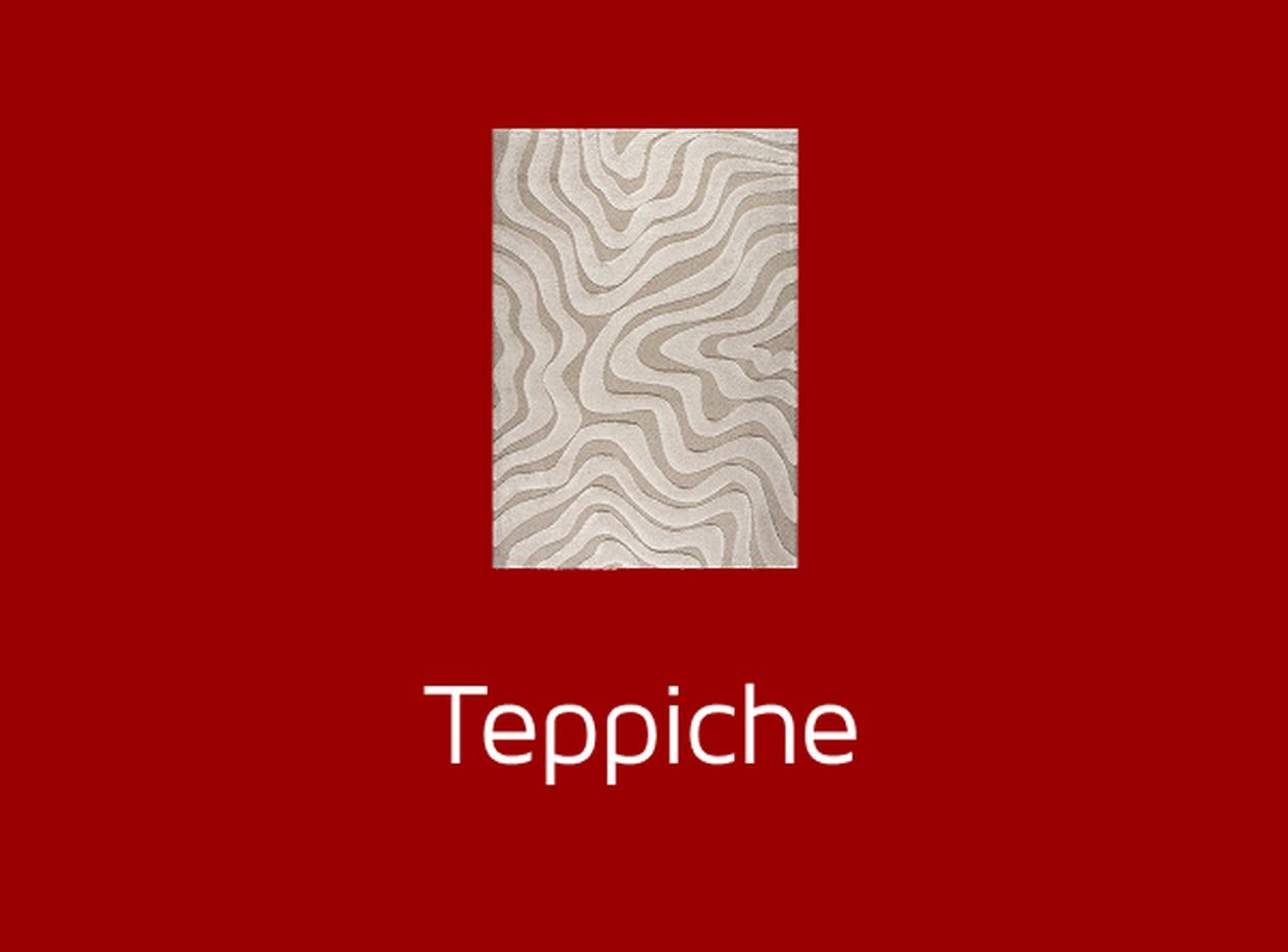 Beige gemusterter Teppich auf rotem Hintergrund mit dem Wort "Teppiche" darunter.