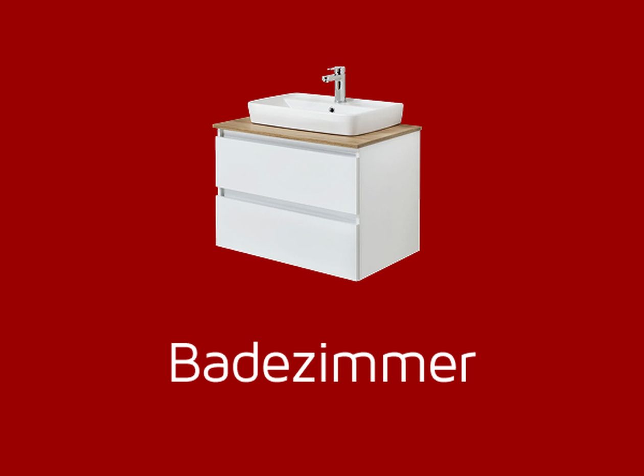 Weiße Badezimmer-Kommode mit Waschbecken vor rotem Hintergrund, darunter der Schriftzug "Badezimmer".