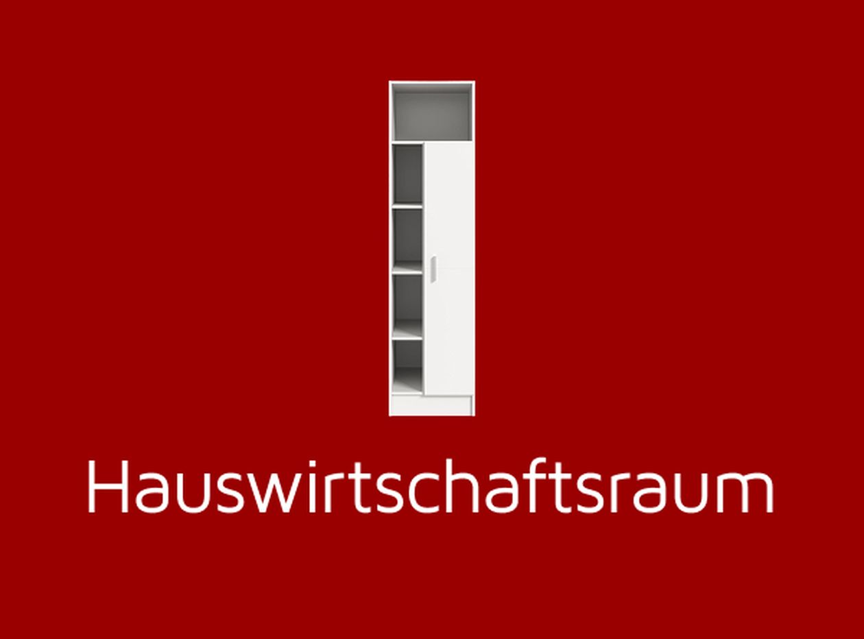 Ein weißer Schrank vor rotem Hintergrund mit der Aufschrift "Hauswirtschaftsraum" darunter.