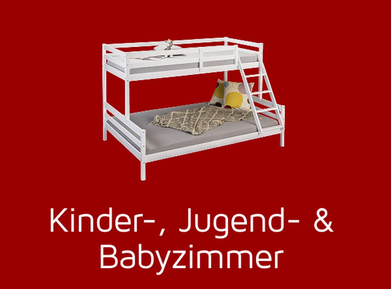 Weißes Etagenbett vor rotem Hintergrund, darunter Text: "Kinder-, Jugend- & Babyzimmer".