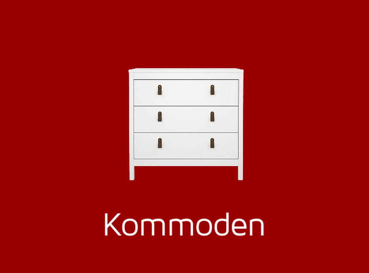 Weiße Kommode mit mehreren Schubladen vor rotem Hintergrund. Text: "Kommoden".