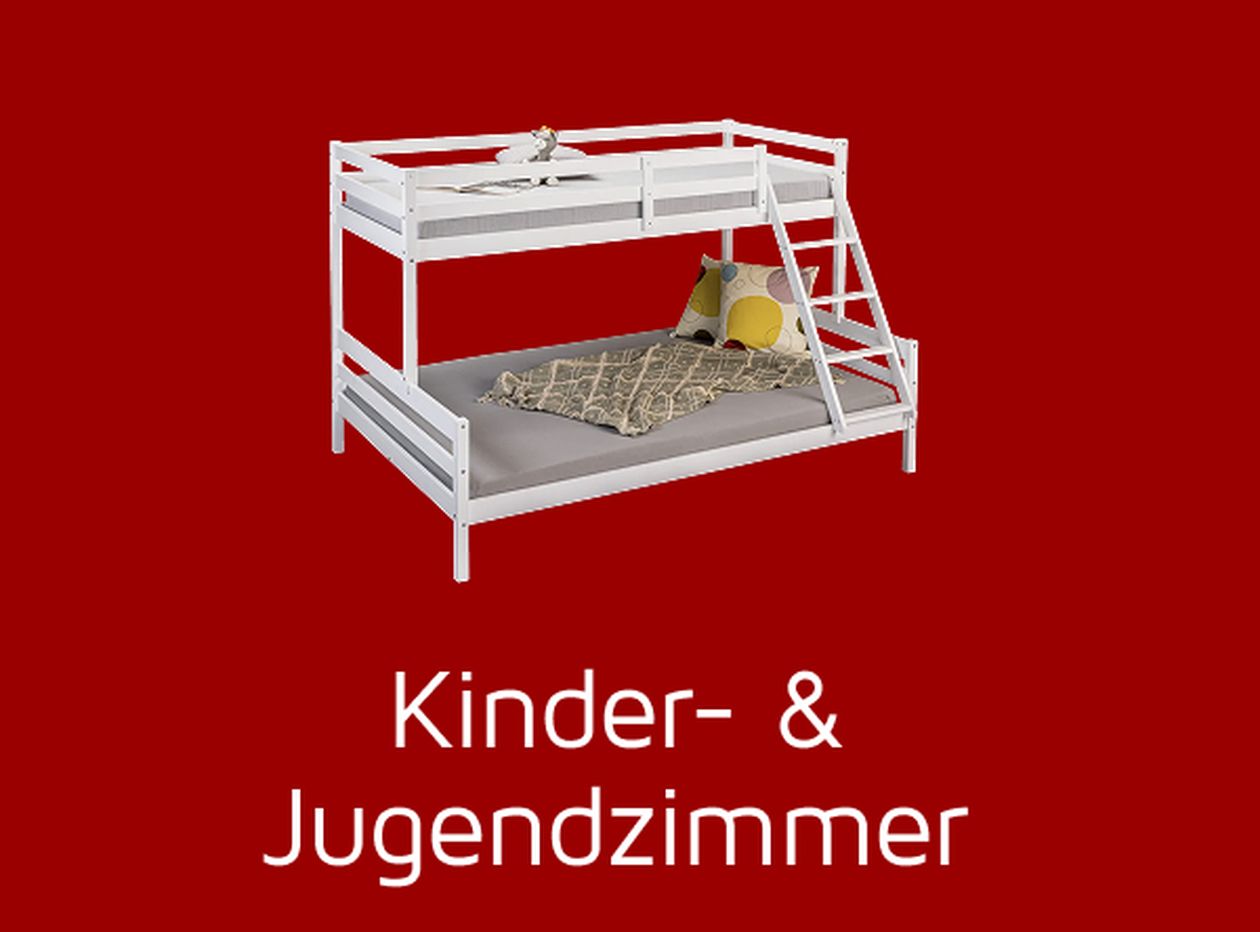 Weißes Etagenbett auf rotem Hintergrund, daneben der Text „Kinder- & Jugendzimmer“.