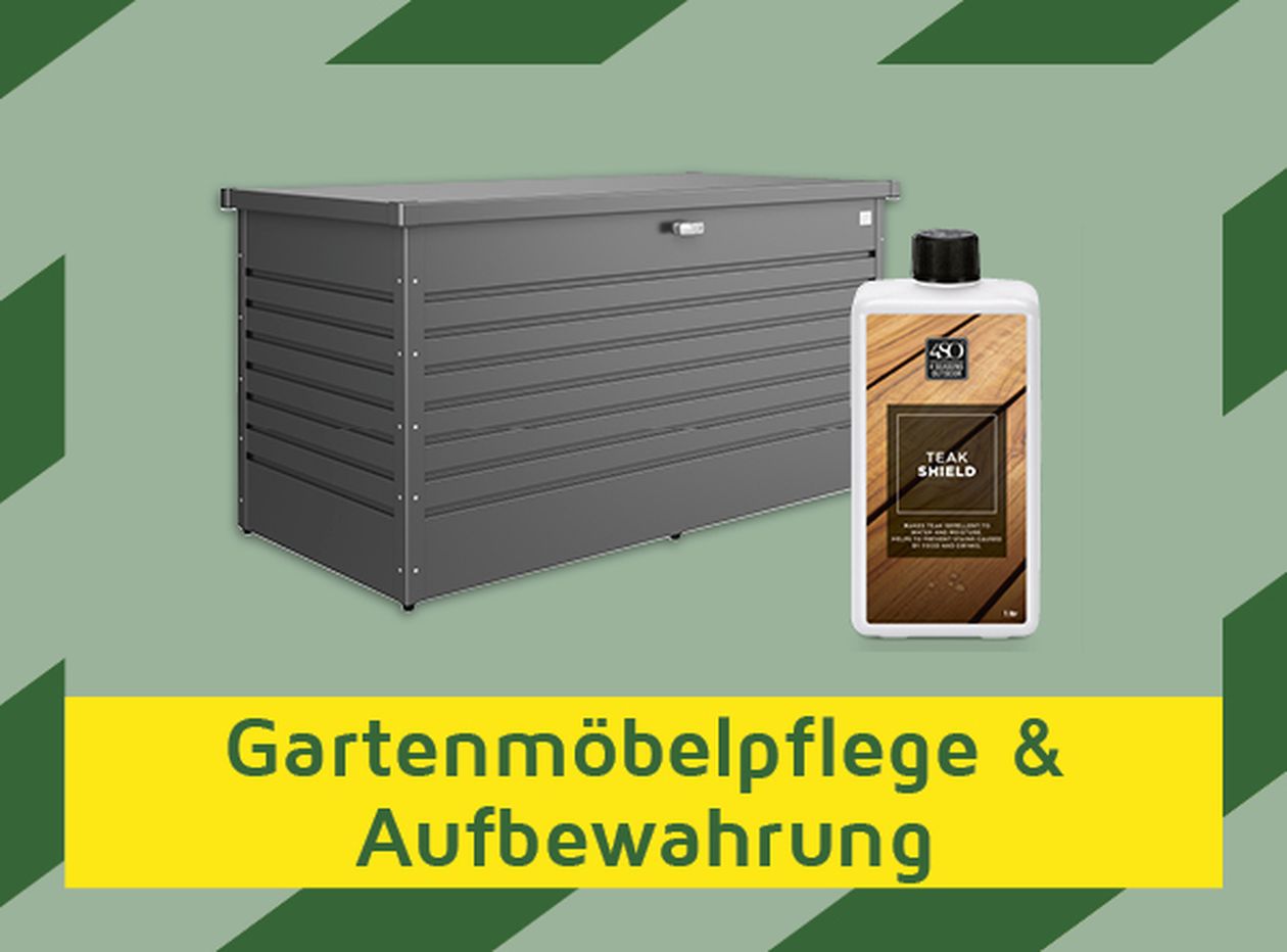 Graue Aufbewahrungsbox für den Außenbereich und Schutzflasche aus Teakholz auf grün gestreiftem Hintergrund. Text: „Gartenmöbelpflege & Aufbewahrung“.