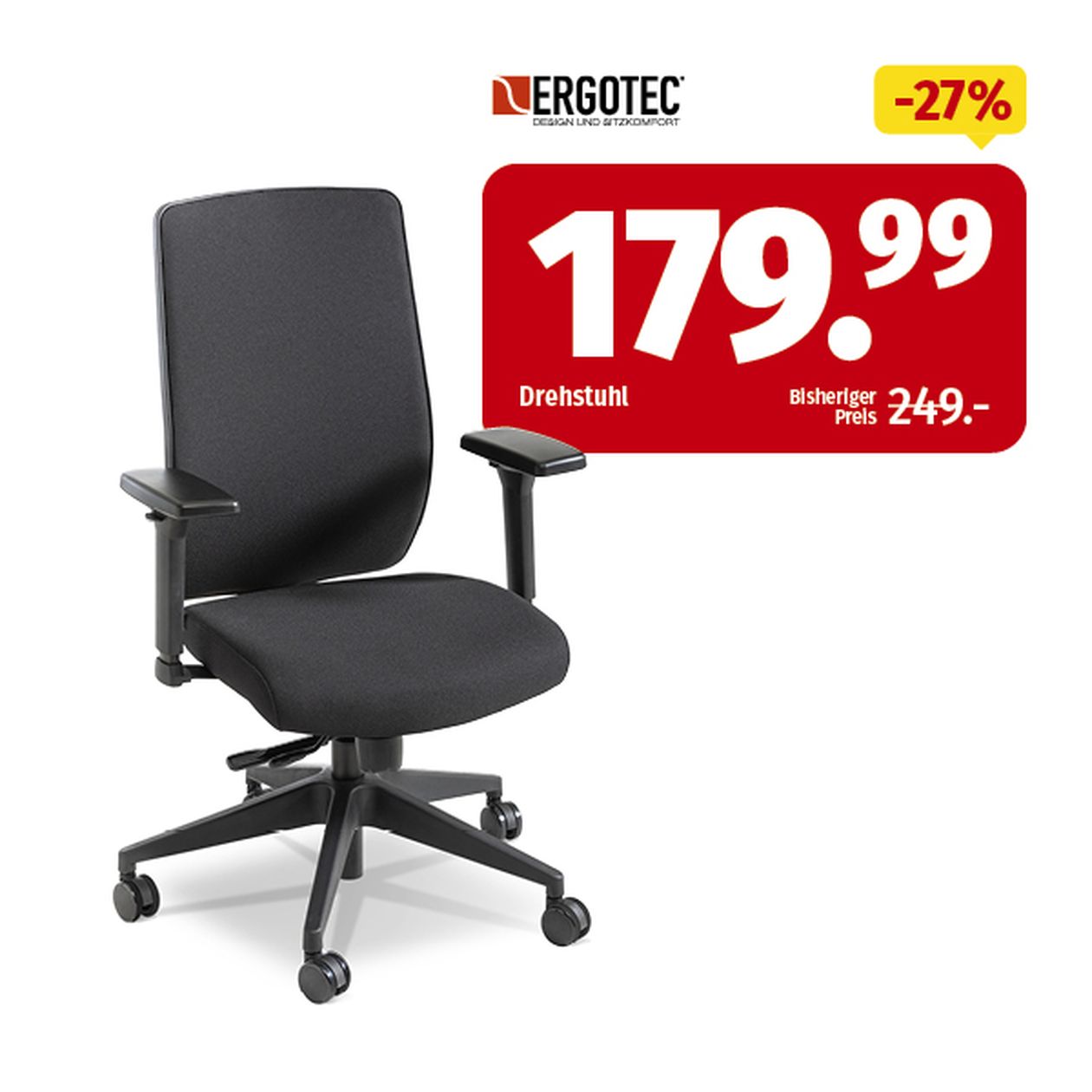 Schwarzer ergonomischer Bürostuhl mit verstellbaren Armlehnen, im Angebot für 179,99 €, reduziert um 27 % von 249,99 €. Marke: Ergotec.