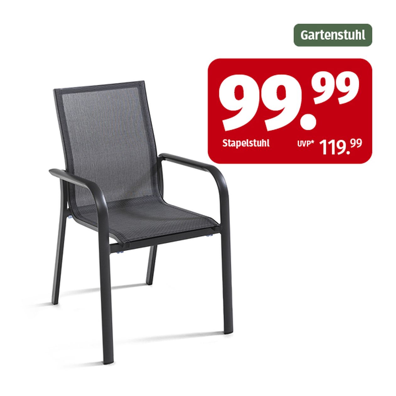 Ein schwarzer, stapelbarer Gartenstuhl mit Netzgewebe an Sitzfläche und Rückenlehne, jetzt zum Preis von 99,99 statt 119,99.