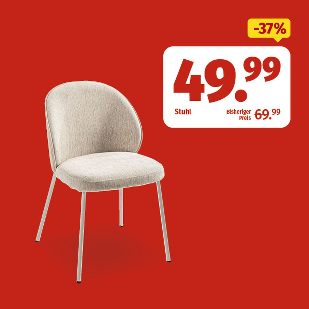 Beigefarbener Stuhl auf rotem Hintergrund mit einem Preisschild, das einen Rabatt von 37 % ausweist; der Preis wurde von 69,99 auf 49,99 reduziert.
