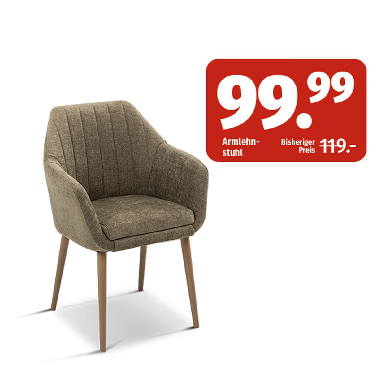 Brauner Polstersessel mit Holzbeinen, Preis 99,99 €, reduziert von 119 €, vor weißem Hintergrund abgebildet.