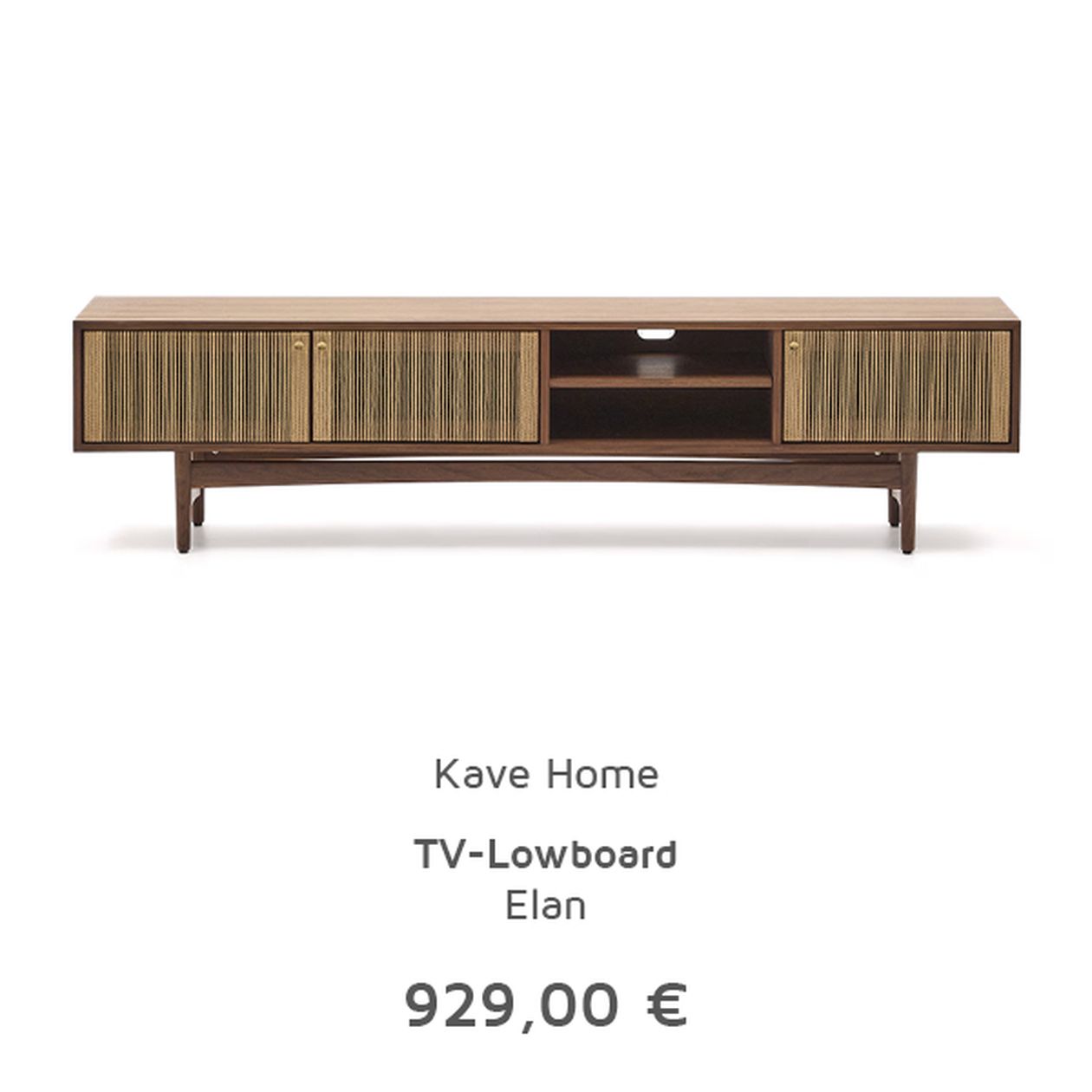 Holz-TV-Lowboard mit Lamellentüren und offenen Regalen, Preis: 929,00 €. Marke: Kave Home, Modell: Elan.