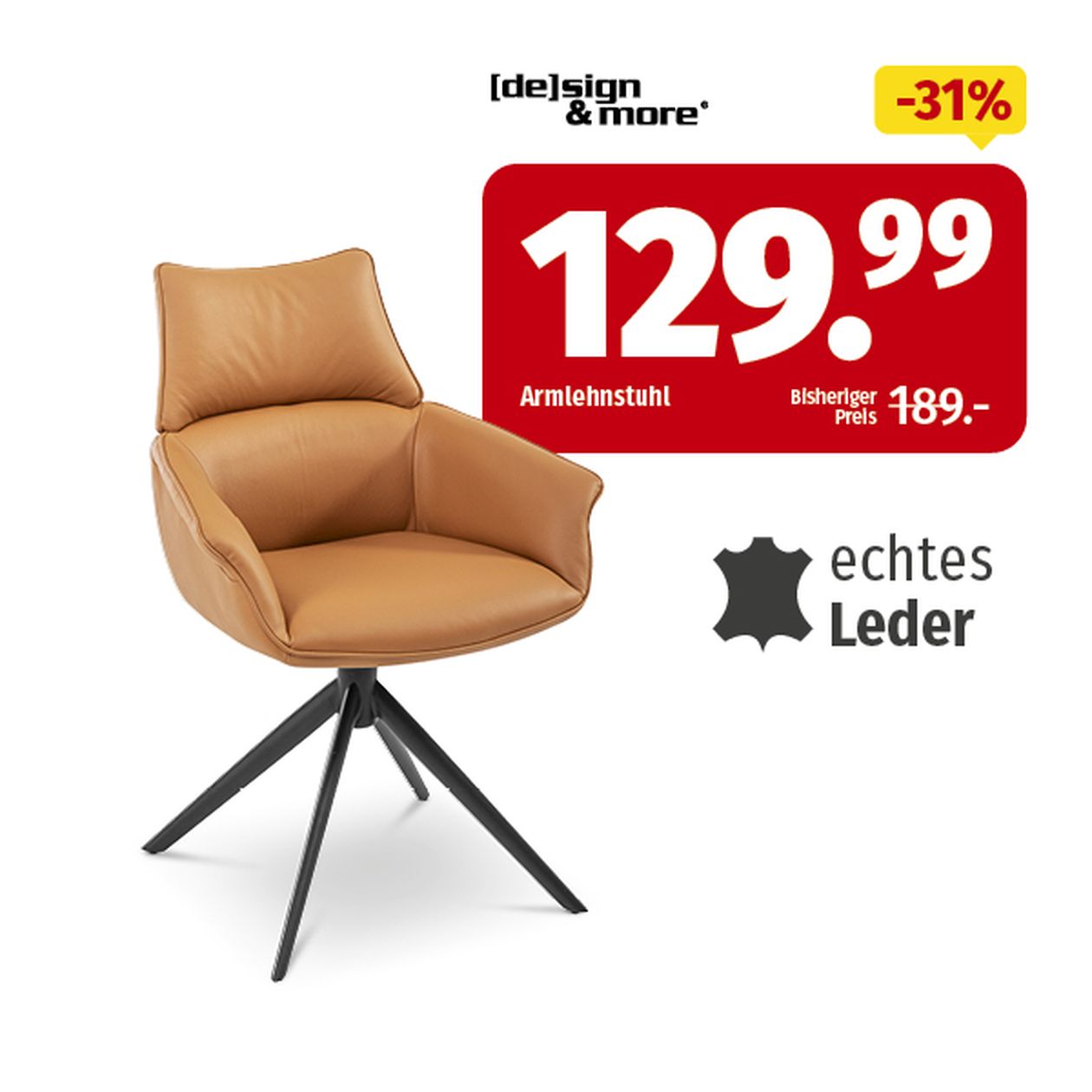 Hellbrauner Ledersessel mit schwarzem Drehfuß im Angebot für 129,99 €, vorher 189 €, das entspricht einer Preissenkung von 31 %. „Echtes Leder“ bedeutet Echtleder.