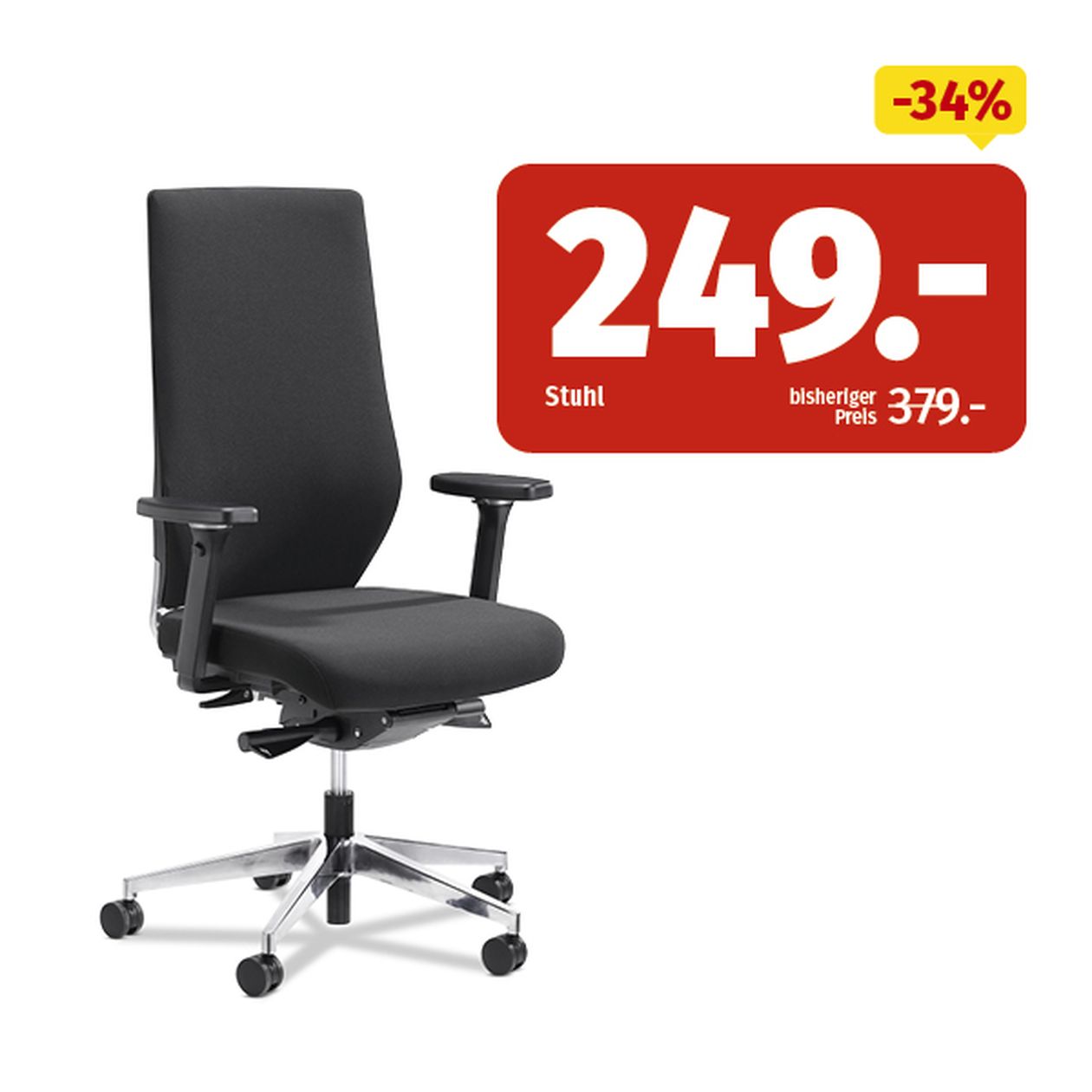 Schwarzer Bürostuhl mit Armlehnen auf Rollen. Der Preis beträgt 249, was einer Ermäßigung von 34 % gegenüber dem Originalpreis von 379 entspricht.
