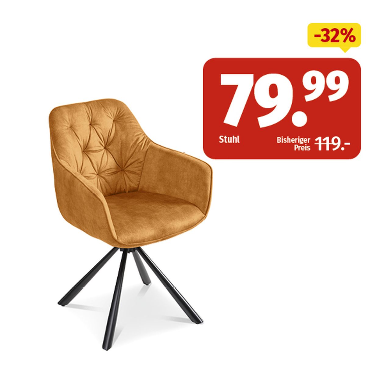 Hellbrauner Drehsessel mit gesteppter Rückenlehne im Angebot für 79,99 €, reduziert von 119,99 €, eine Ersparnis von 32 %. Weißer Hintergrund mit rotem Preisschild.