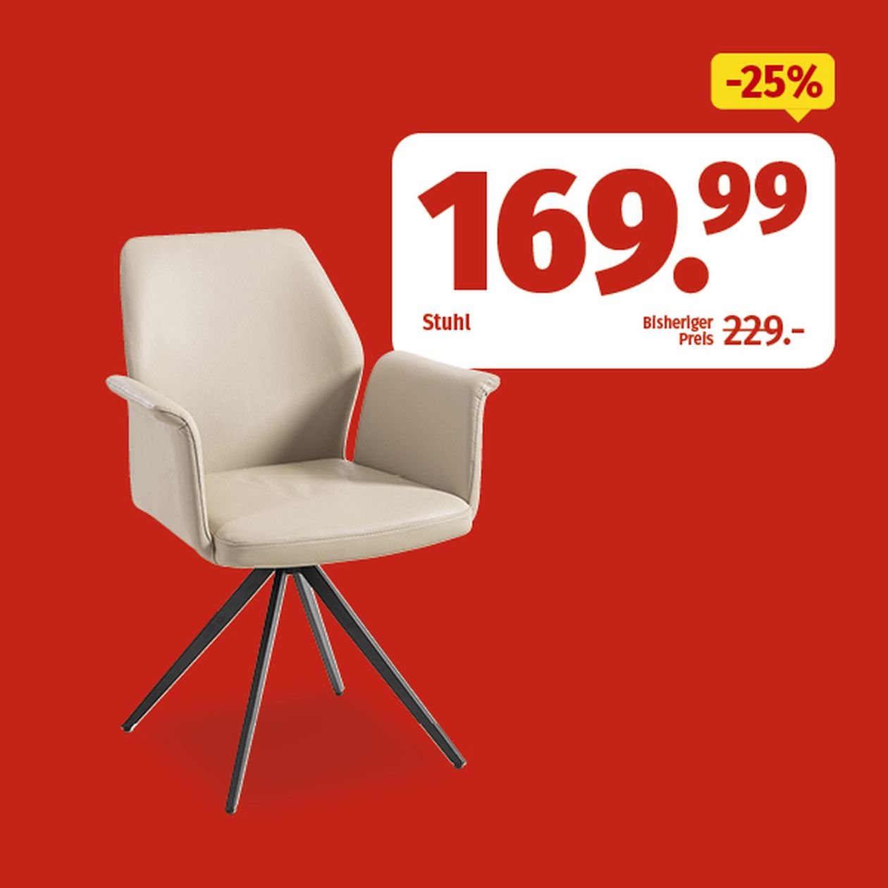 Beigefarbener Sessel mit Armlehnen auf rotem Hintergrund. Preis: 169,99 €, reduziert von 229,00 €, 25 % Rabatt.