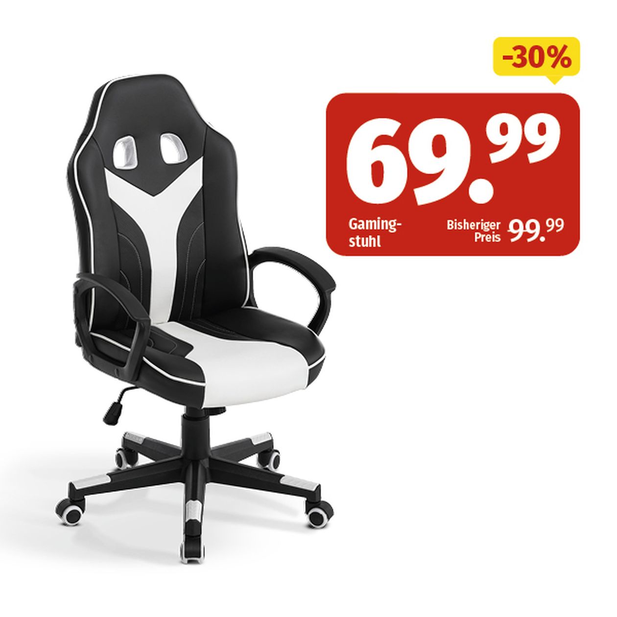 Schwarzer und weißer Gaming-Stuhl im Angebot für 69,99 €, ursprünglich 99,99 €, mit einem Rabatt von 30 %, der durch ein rotes Etikett gekennzeichnet ist.