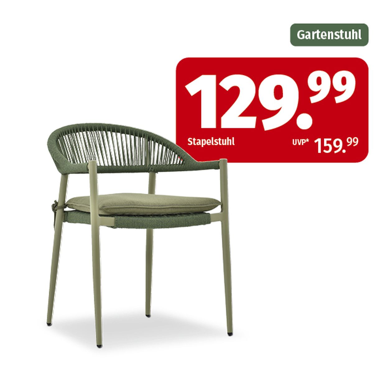 Grüner stapelbarer Gartenstuhl mit Seildesign, Preis: 129,99 €, reduziert von 159,99 €. „Gartenstuhl“ und Preisschild sind hervorgehoben.