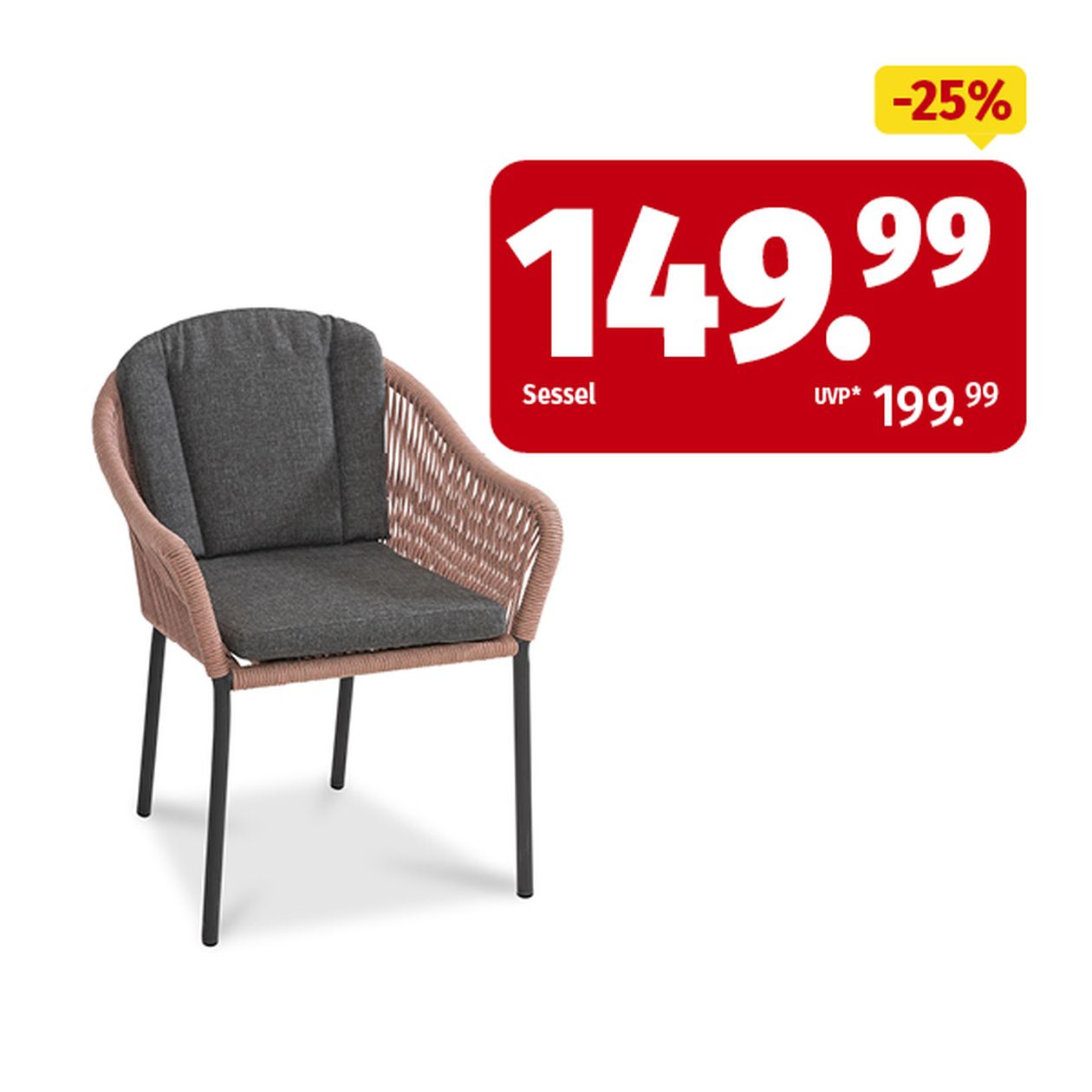Rosa Korbsessel mit dunklem Kissen im Angebot für 149,99, ursprünglich 199,99. 25 % reduziert.