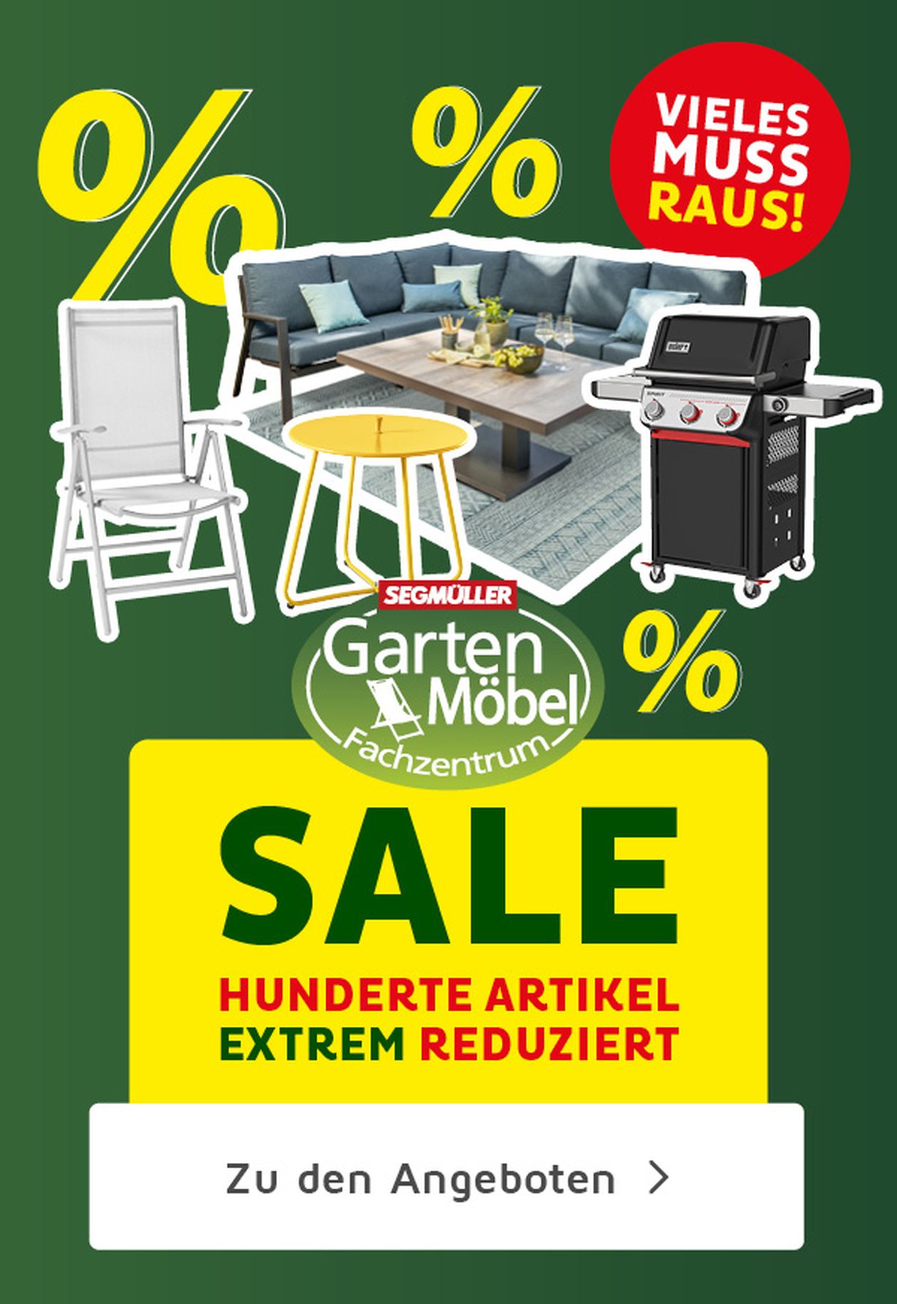 Grüner Sale-Flyer für Möbel mit dem Text "Viele muss raus" und "Hundert Artikel extrem reduziert", zeigt Gartenmöbel und Grill.
