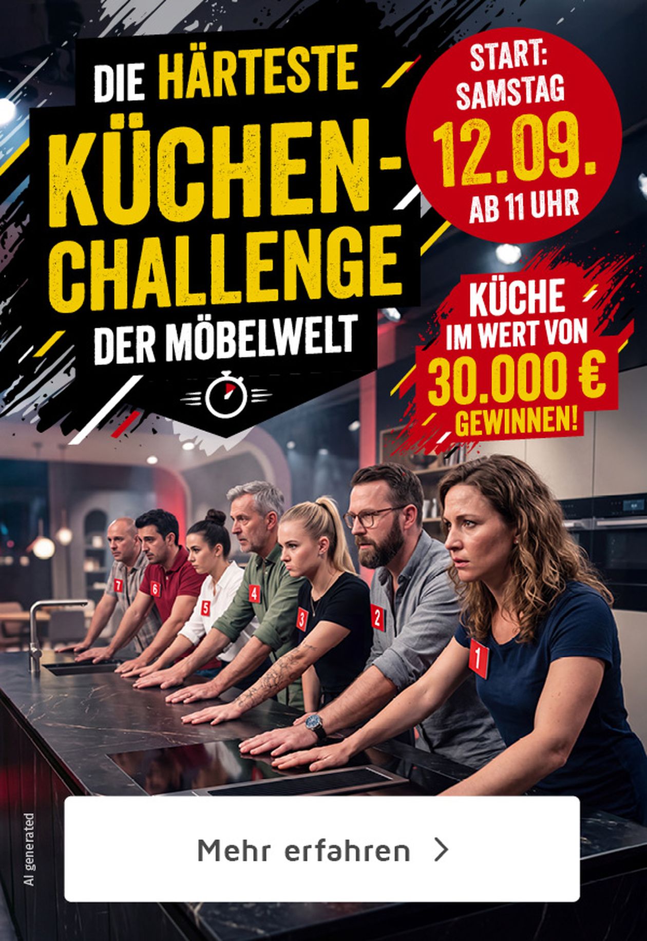 Werbeposter für eine Küchen-Challenge mit mehreren Teilnehmern, Start am 12.09., Gewinn: Küche im Wert von 30.000 €.