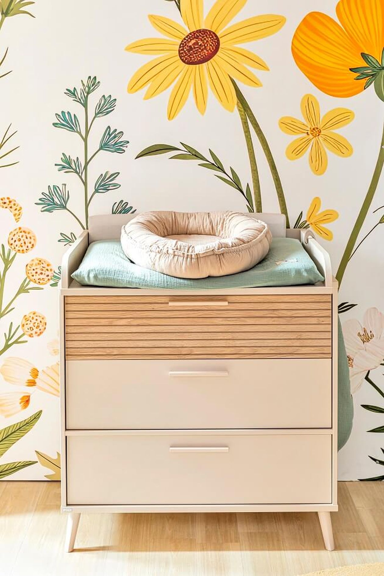 Wickelkommode in Beige- und Holztönen mit bunter Blumentapete im Hintergrund.