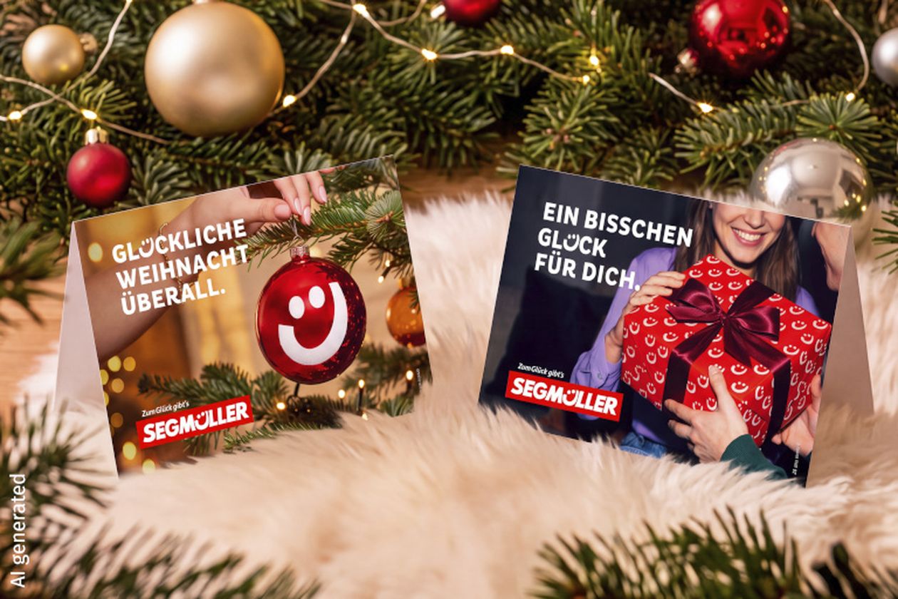 Zwei weihnachtliche Segmüller-Karten auf einem Tisch, umgeben von Tannenzweigen und Kugeln; eine mit Ornament, die andere mit Geschenkmotiv.