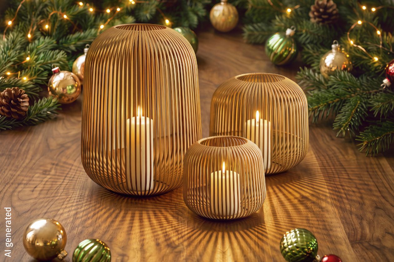 Drei goldene Laternen mit brennenden Kerzen stehen auf einem Holztisch, umgeben von Tannenzweigen und bunten Weihnachtskugeln.