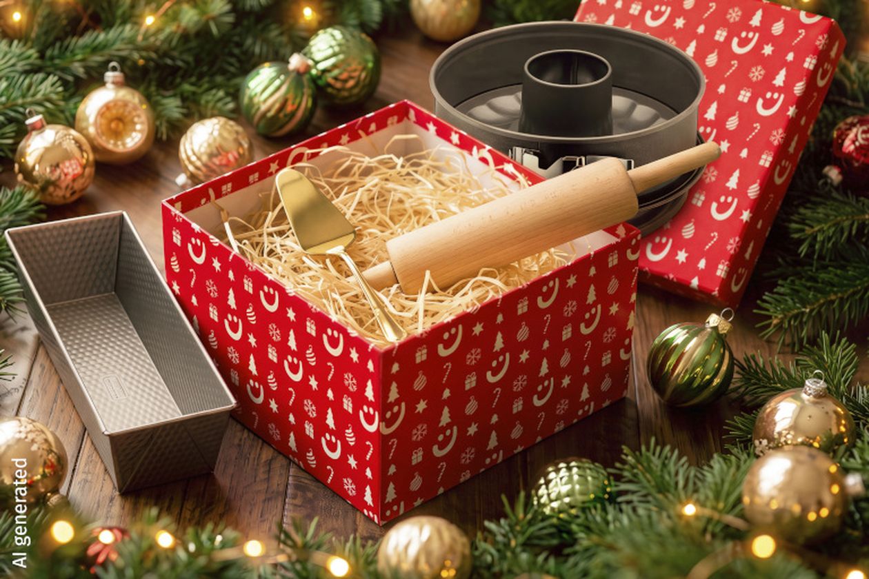 Eine geöffnete, rote Geschenkbox mit Backutensilien, umgeben von Tannenzweigen und Weihnachtskugeln auf einem Holztisch.