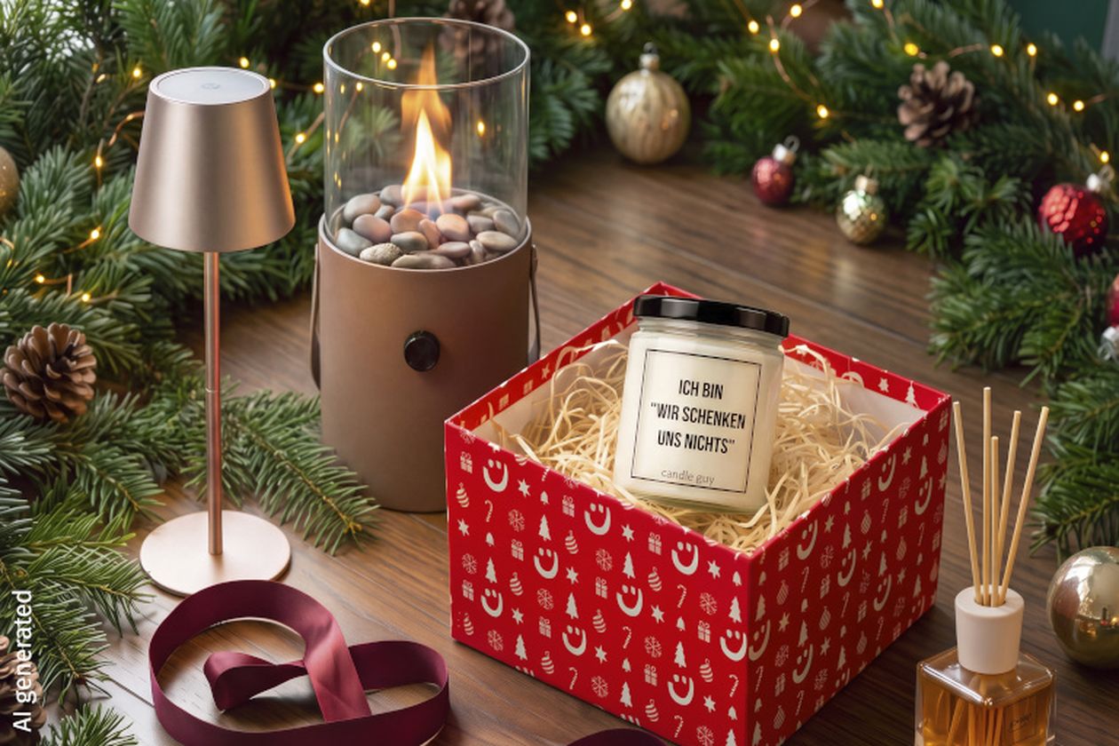 Weihnachtliche Szene mit roten Geschenkboxen, einer Kerze mit der Aufschrift „Ich bin, wir schenken uns nichts“ und einem leuchtenden Tischkamin.