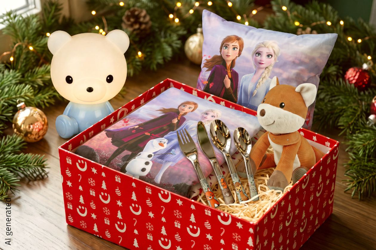 Rote Geschenkbox mit Geschirrset und Motiv von Zeichentrickfiguren. Daneben ein beleuchtetes Bärchen und ein Plüschfuchs, umgeben von Weihnachtsdekoration.