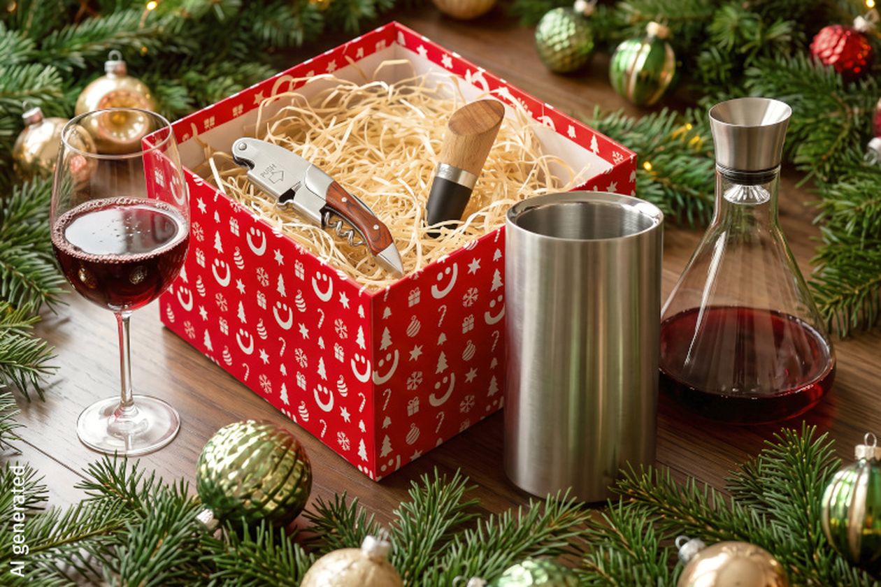 Eine weihnachtlich dekorierte Geschenkbox mit Weinwerkzeugen, daneben ein Glas Rotwein, eine Karaffe und Tannenzweige mit Kugeln auf einem Tisch.