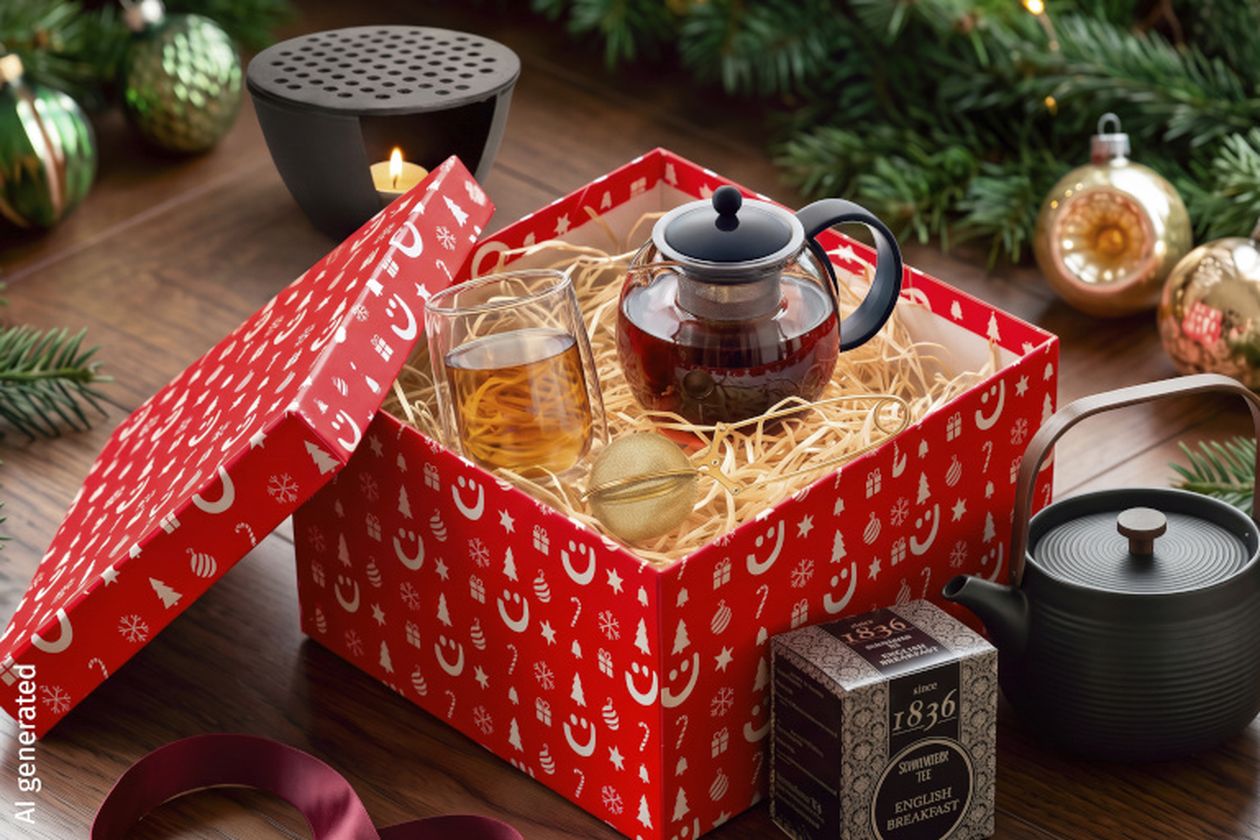 Rote Geschenkbox mit Teekanne, Glas Tee und Teesieb, umgeben von Weihnachtsdekoration; im Hintergrund Kerze und Teebox.