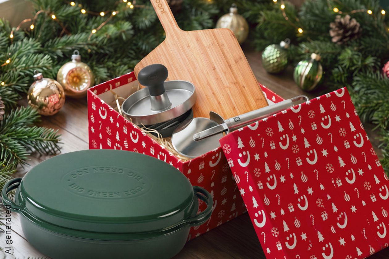 Rote Geschenkbox mit Grillzubehör, darunter ein Schneidebrett, Burgerpresse und Zange, neben einem grünen Topf, umgeben von Weihnachtsdekoration.