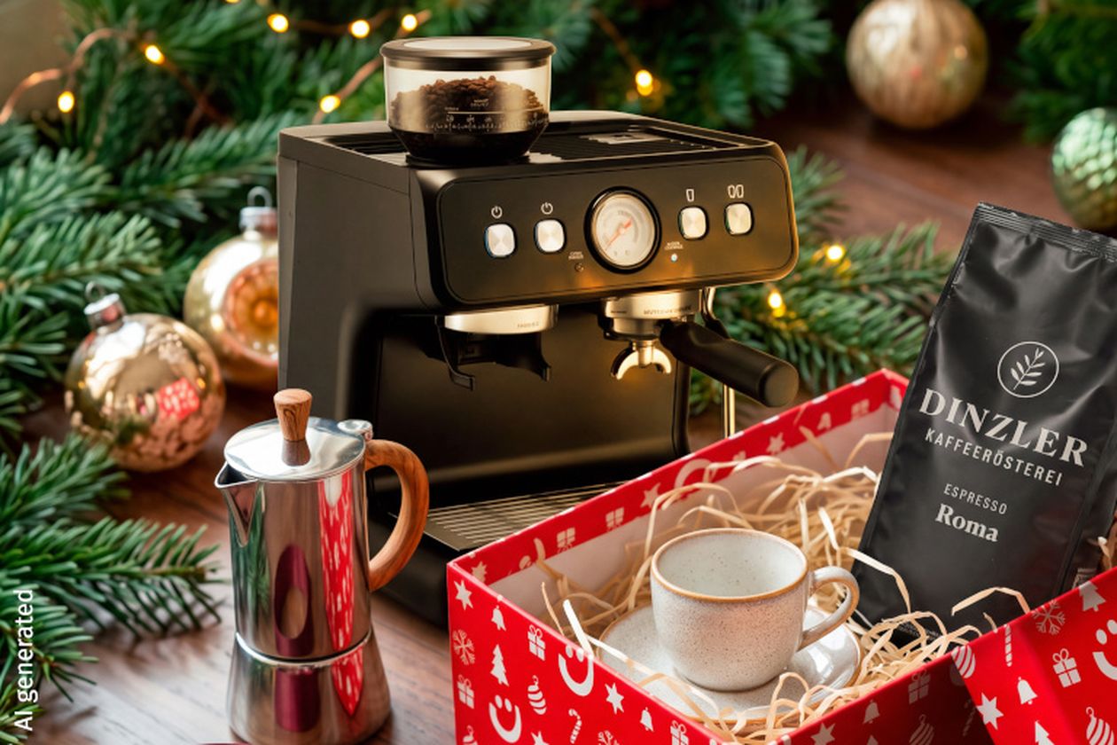 Eine Espressomaschine neben einer Kaffeeverpackung, eine Espressotasse und ein Stabkocher auf einem Tisch, dekoriert mit Weihnachtskugeln und Tannenzweigen.