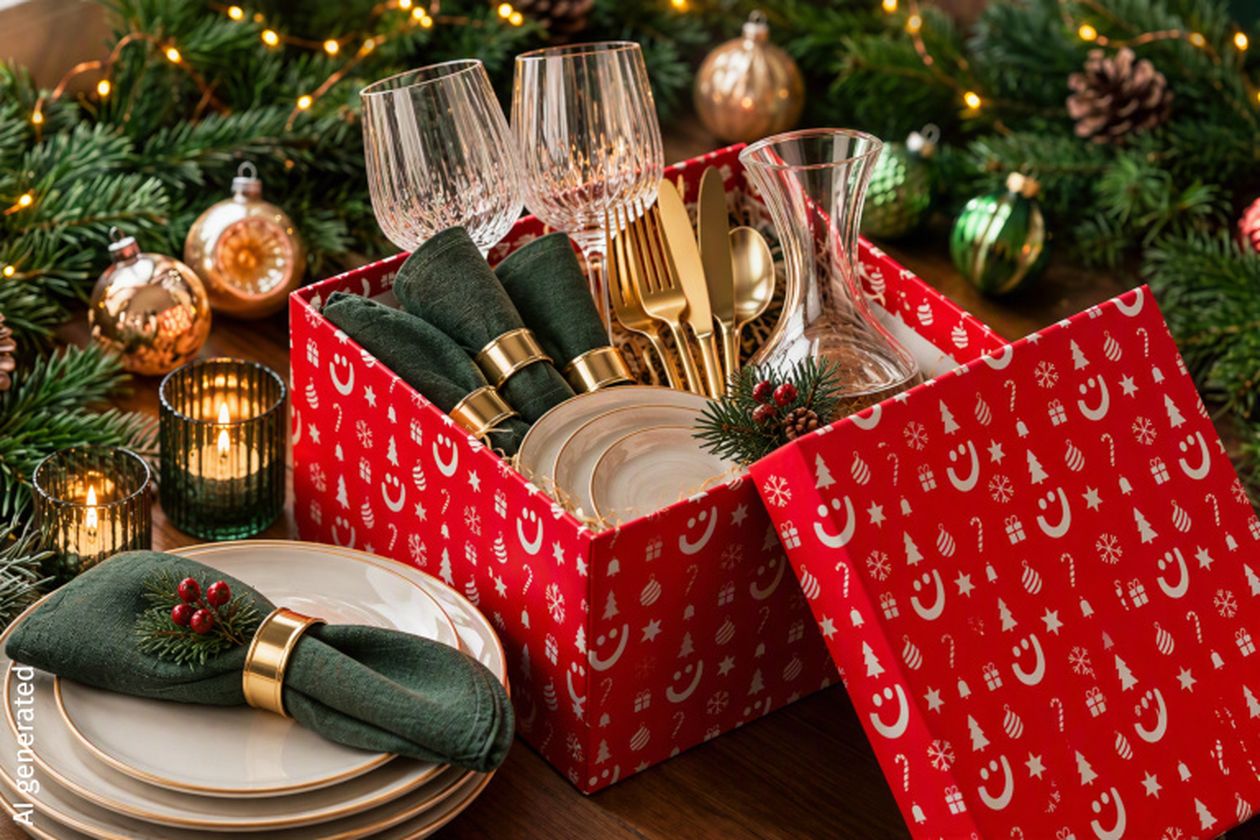 Festlich gedeckter Tisch mit rotem Geschenkbox-Set, gefüllt mit Besteck, Weingläsern und Tellern. Umgeben von Tannenzweigen und Weihnachtskugeln.