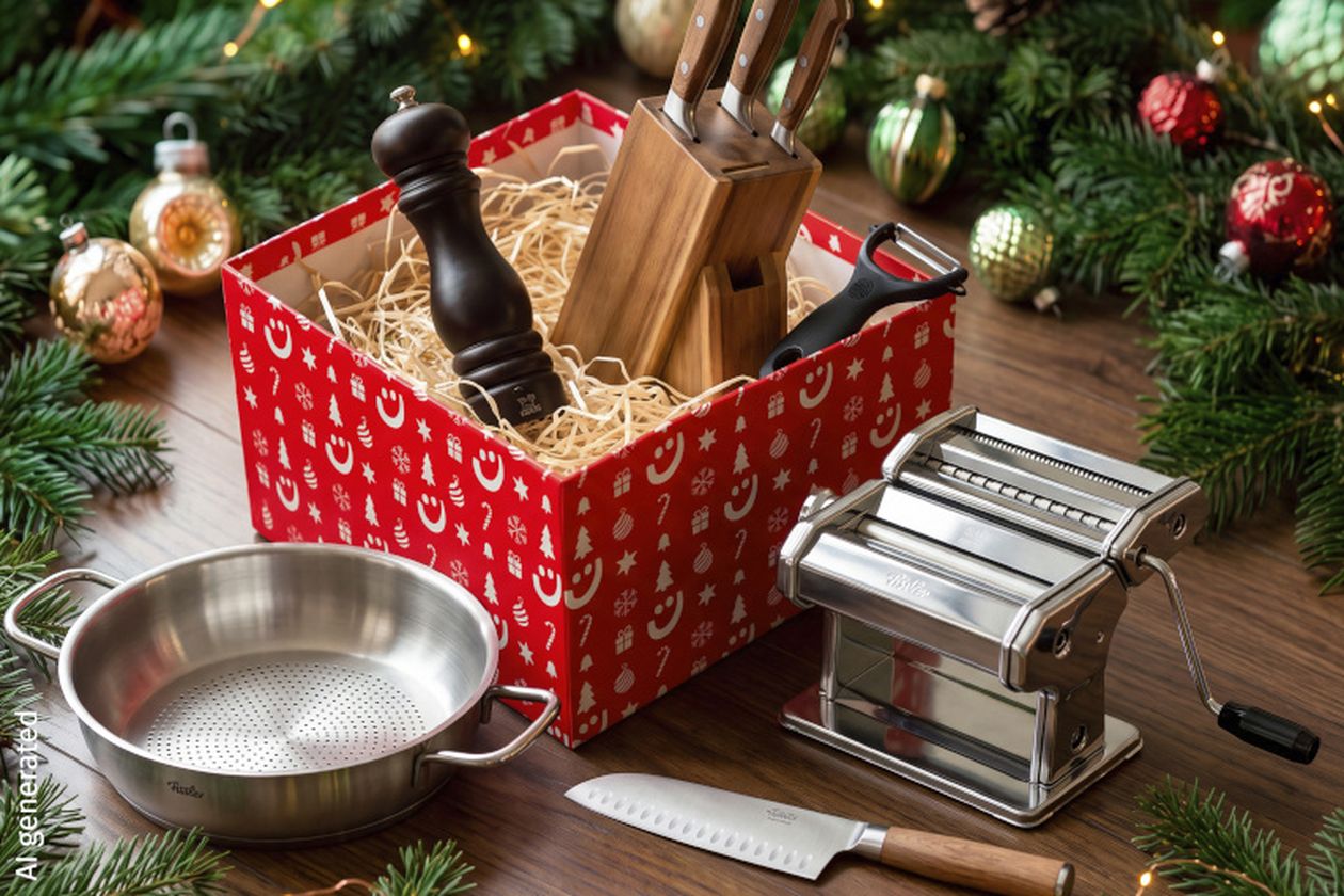 Weihnachtlich dekorierte Szenerie mit einer Geschenkbox voller Küchenutensilien, darunter Messerblock, Nudelmaschine, Pfanne und Pfeffermühle.