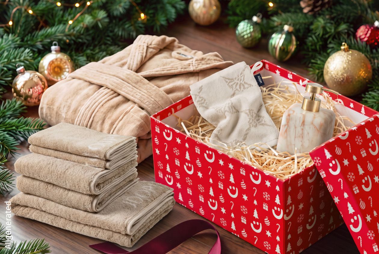Roter Geschenkkarton mit Kosmetikflasche, Stoff und Handtücher auf Holztisch. Im Hintergrund Weihnachtsdekoration mit Kugeln und Zweigen.