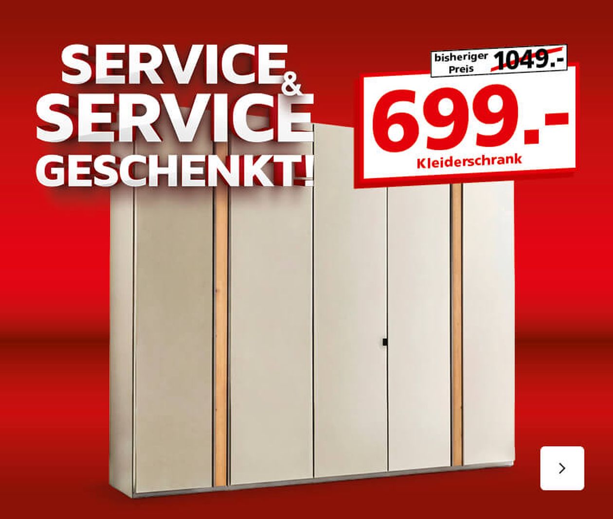 Anzeige für einen Kleiderschrank zum Preis von 699, reduziert von 1049, mit deutschem Text auf rotem Hintergrund.