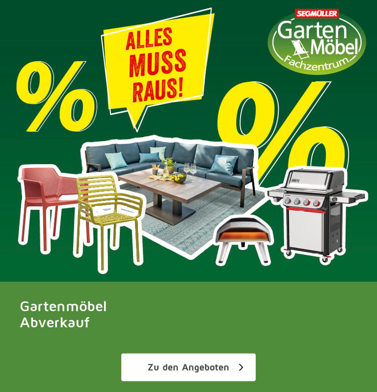 Teasergrafik für den Verkauf von Gartenmöbeln mit bunten Stühlen, einem Sofa, einem Grill und dem Text „Alles muss raus!“ auf einem grünen Hintergrund.