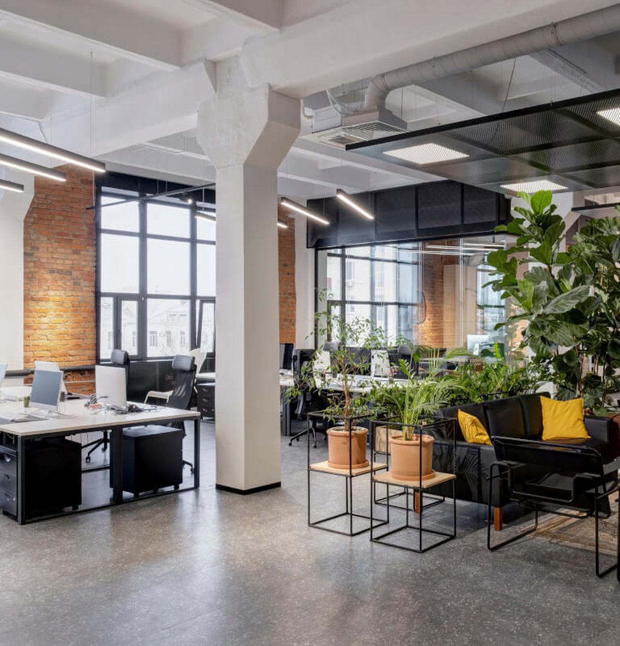 Büroloft in einem Fabrikgebäude mit Schreibtischen, Rollcontainern, Pflanzen und großen Fenstern.