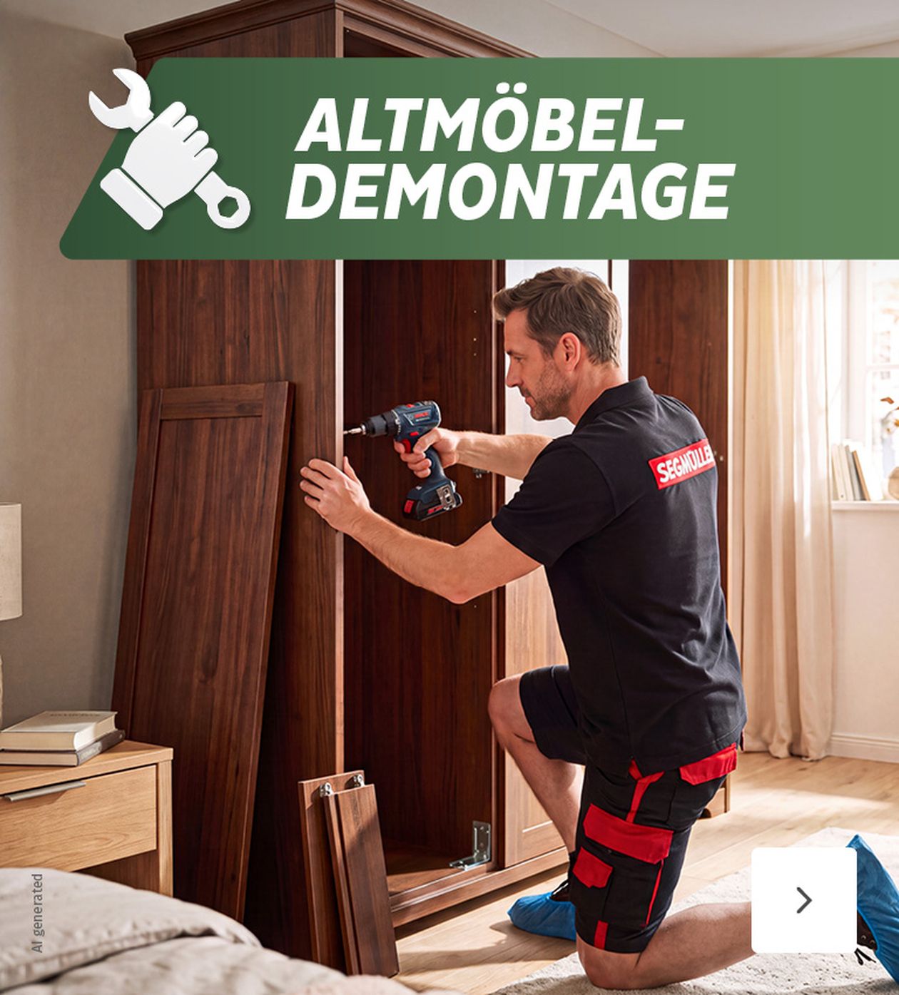 Ein Mann in Arbeitskleidung demontiert mit einem Akkuschrauber einen Kleiderschrank. Im Hintergrund ein Schild mit "Altmöbeldemontage".